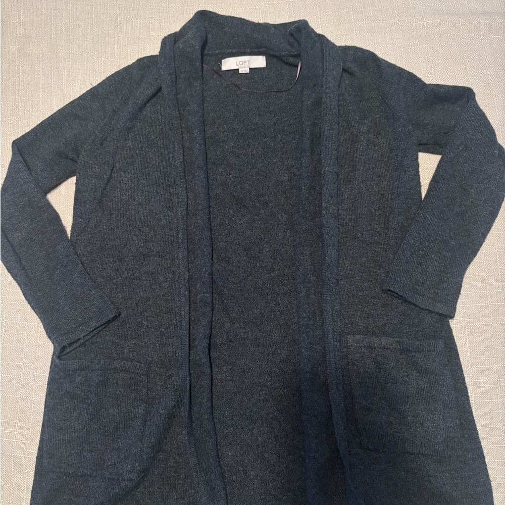 LOFT Gray Longline Cardigan XS Open Front Cozy Pocket Sweater Basic Layering